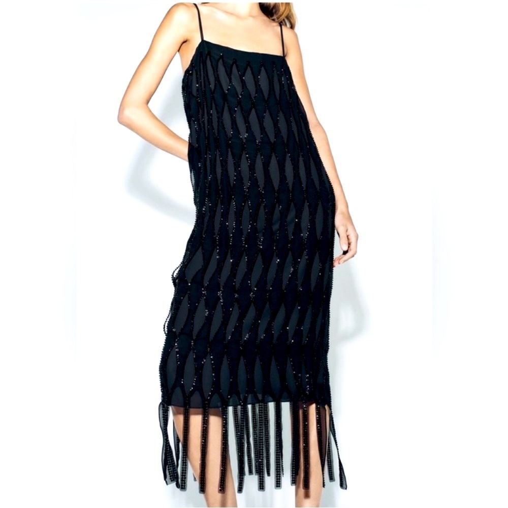 Zara sequin Black Fringe Midi Dress